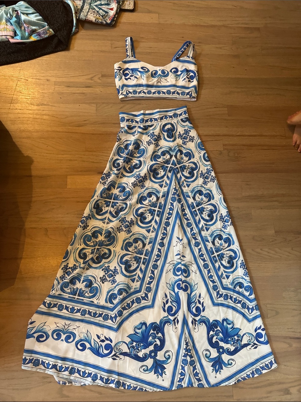 Blue & White Two-Piece Maxi Dress - Patterned Crop Top & Skirt